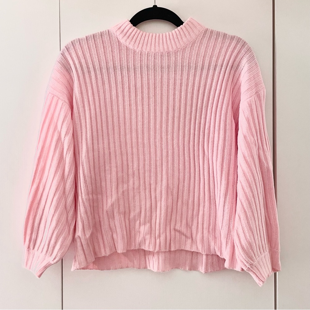 SHEIN Mock Neck Light Pink Boxy Pullover Sweater Bishop Sleeve Rib Knit Jumper S